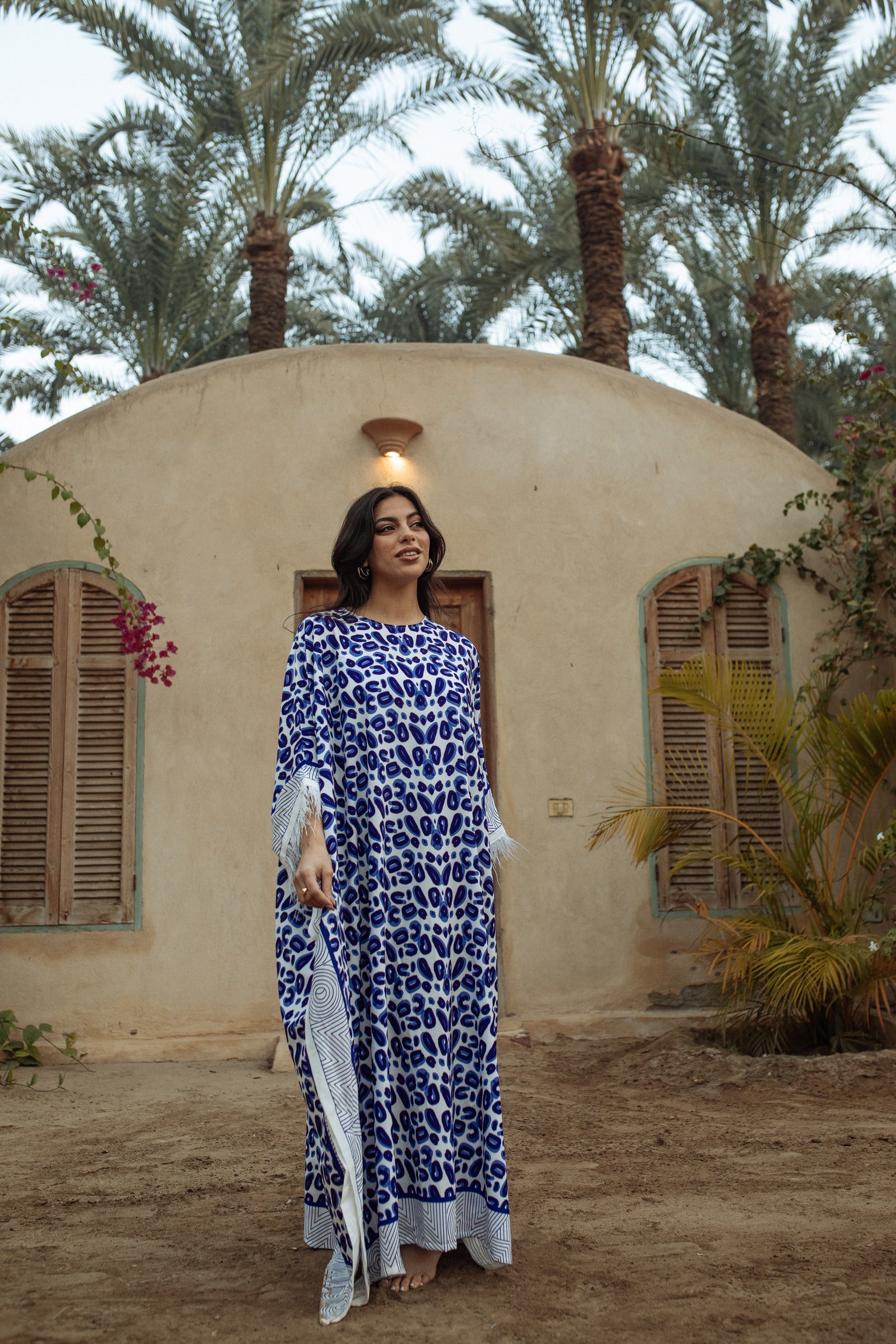 Feather Trimmed Printed Abaya