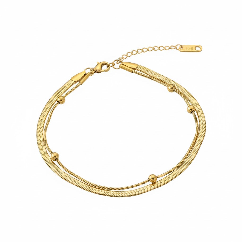 Stainless Steel Double Layer Flat Chain Beaded Bracelet – Gold