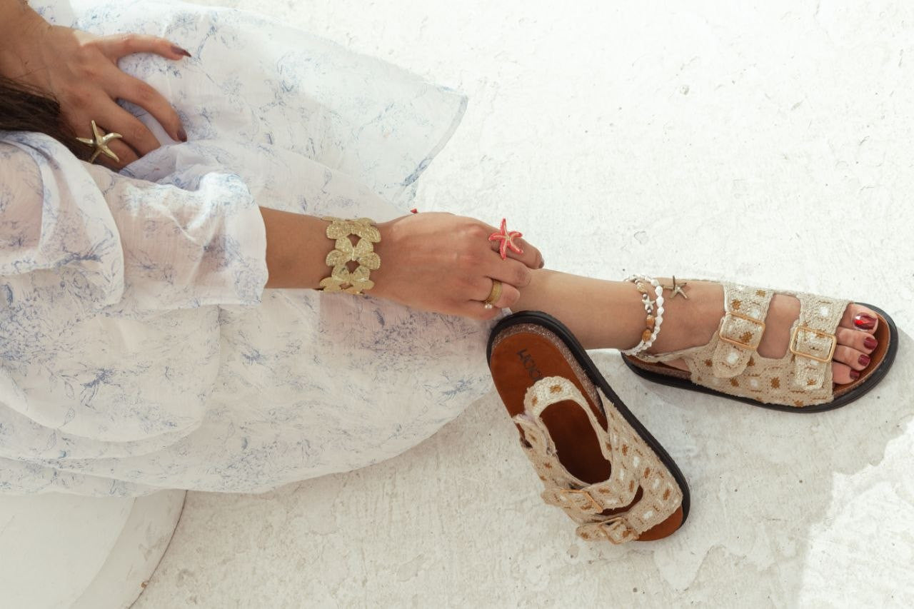 Crochet Double Buckle Sandal – Beige