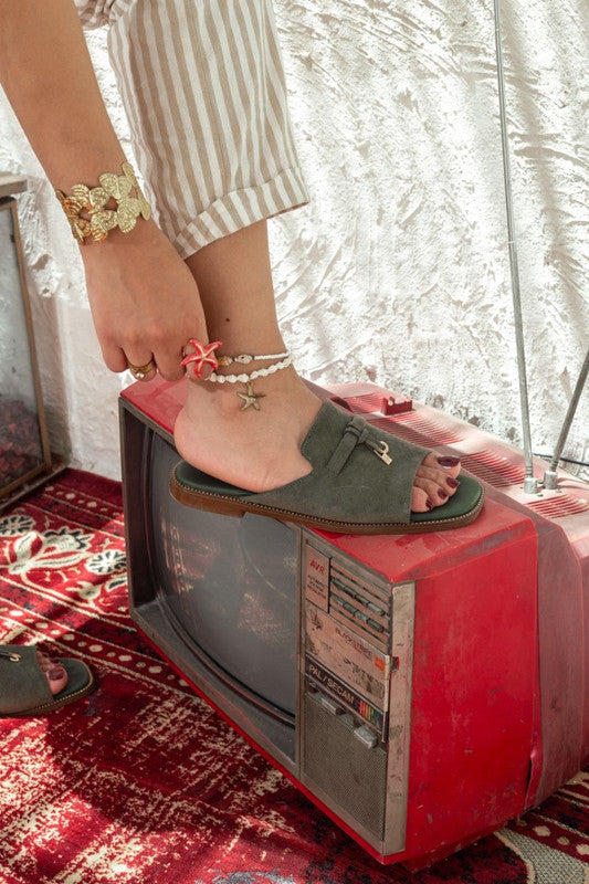 Solid Decorative Buckle Chamois Slipper – Olive