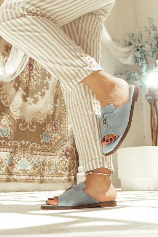 Solid Decorative Buckle Chamois Slipper – Baby Blue