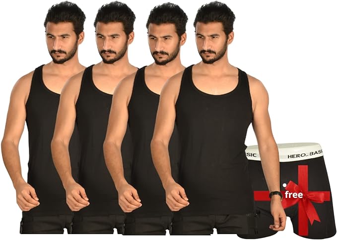 Cotton Solid Tank Top Set of 4 with Free Boxer – Black
