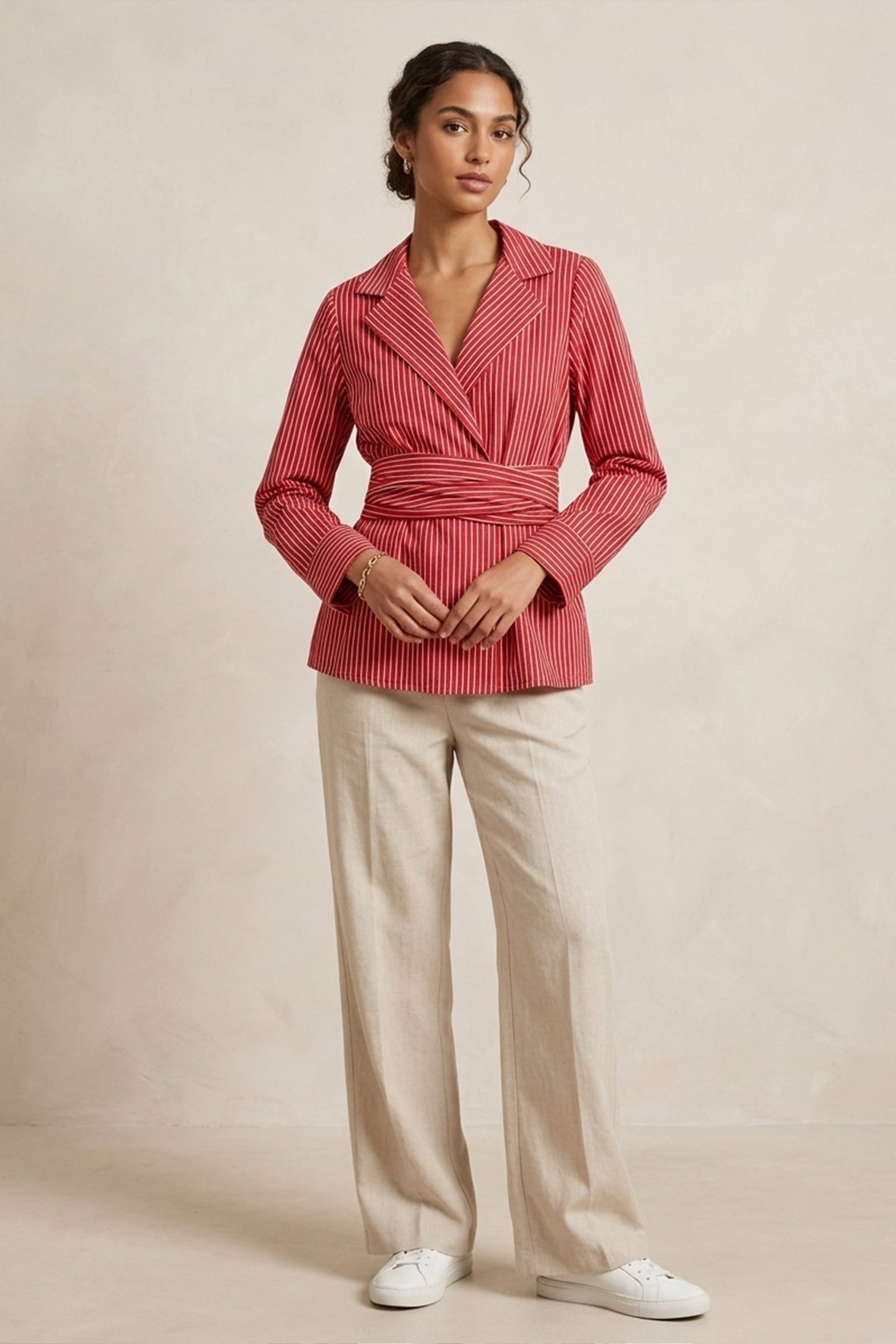 Striped Wrapped-Belt Shirt – Red