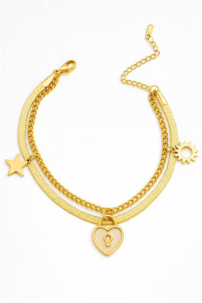 Stainless Steel Double Layer Star, Heart & Sun Charm Bracelet – Gold
