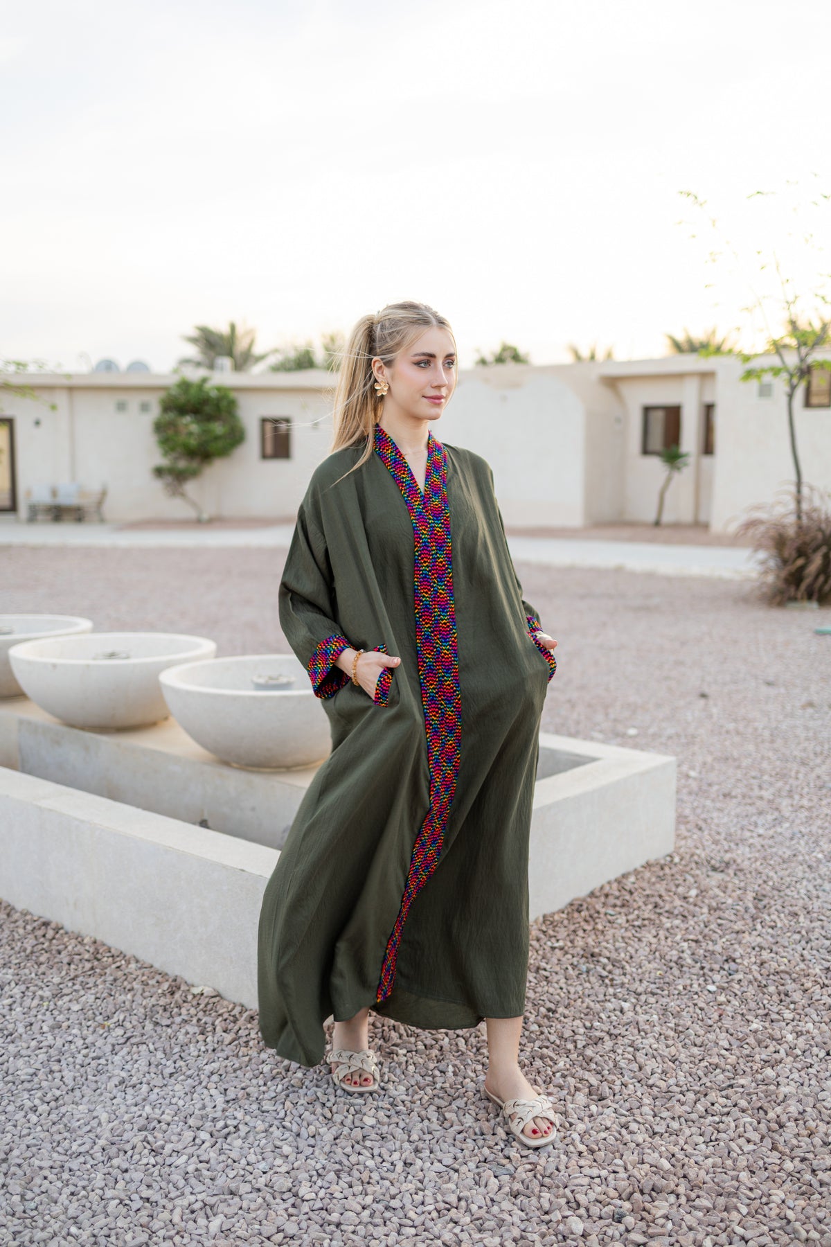 Contrast-Trim Linen Kaftan Dress – Olive Green