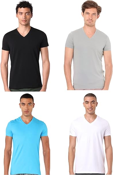 Cotton Solid V-Neck T-Shirt Set of 4 with Free Boxer – Multicolor