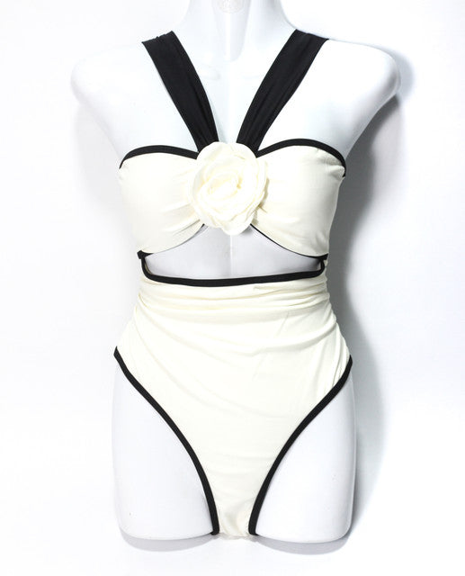 Floral Bandeau One-Piece Swimsuit - Black & White