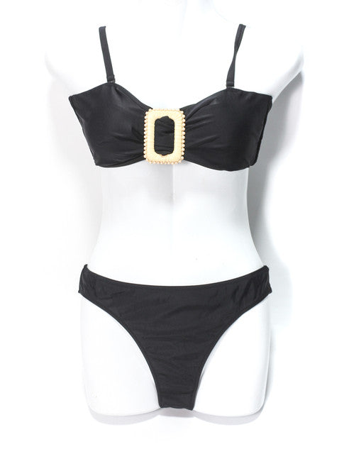 Pearl Buckle Bikini Set - Black