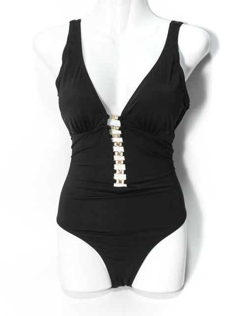 One-Piece Swimsuit with Chain Detail - Black