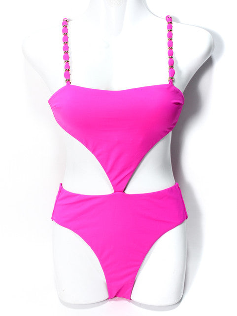Beaded Strap Cut-Out Bikini Set - Fuchsia