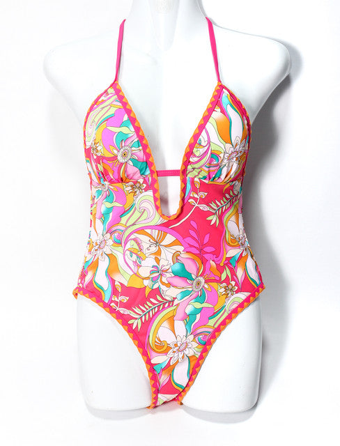 Floral Plunge One-Piece Swimsuit - Fuchsia