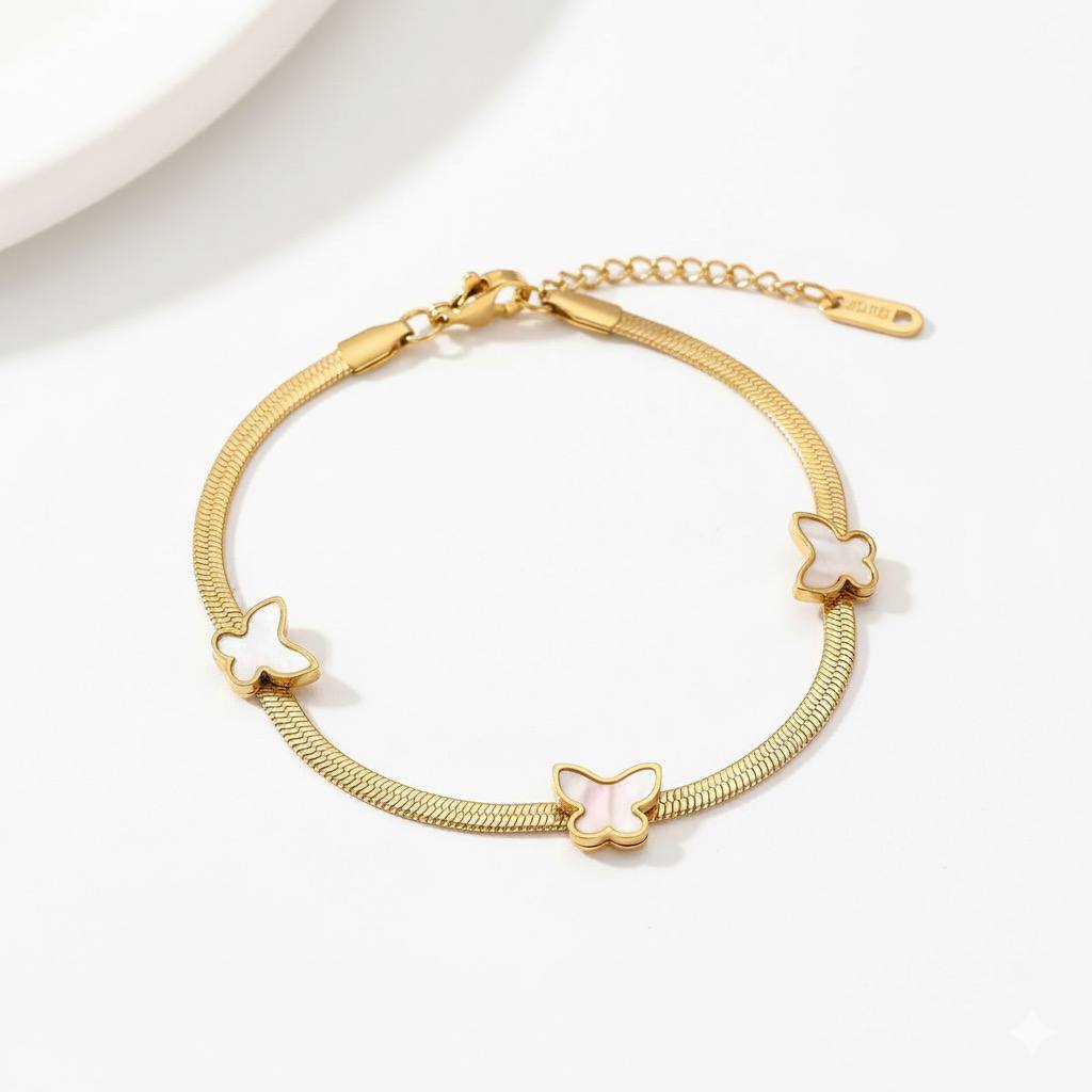 Stainless Steel White Butterfly Charm Bracelet – Gold