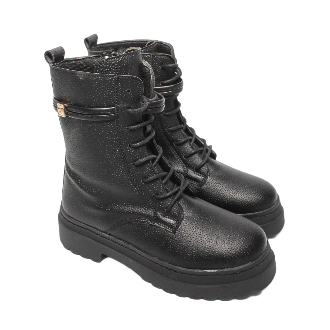 Faux Leather Textured Combat Boots – Black