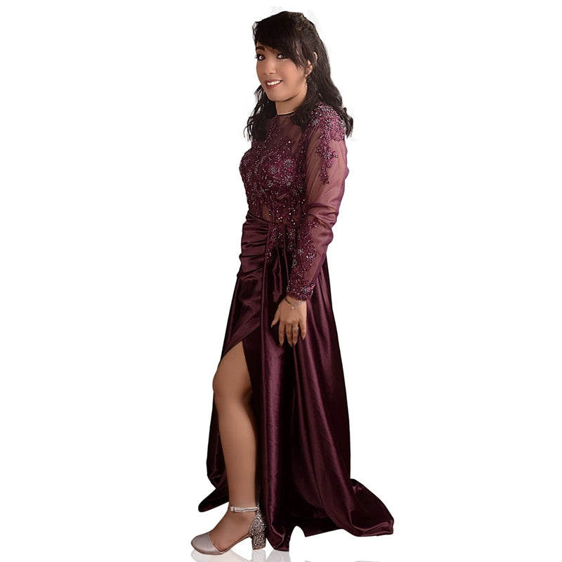 Embroidered Long Sleeve Evening Gown - Wine Red