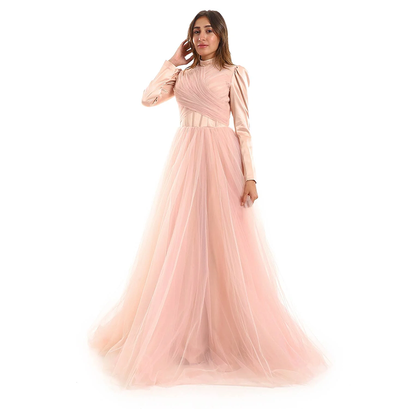 Tulle Plain Long Soirée Dress - Pink