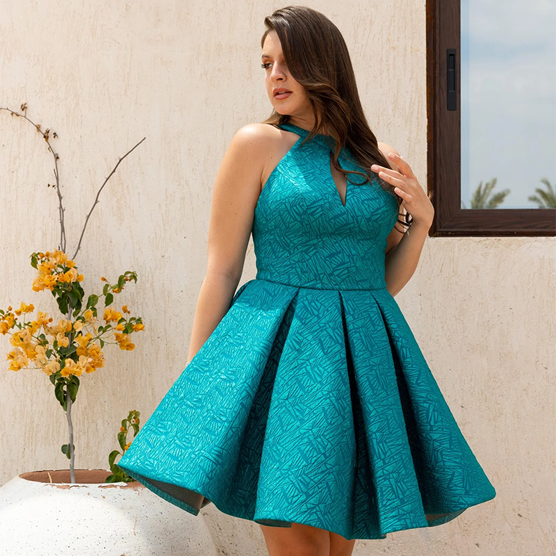Jacquard Self-Patterned Short Soirée Dress – Teal