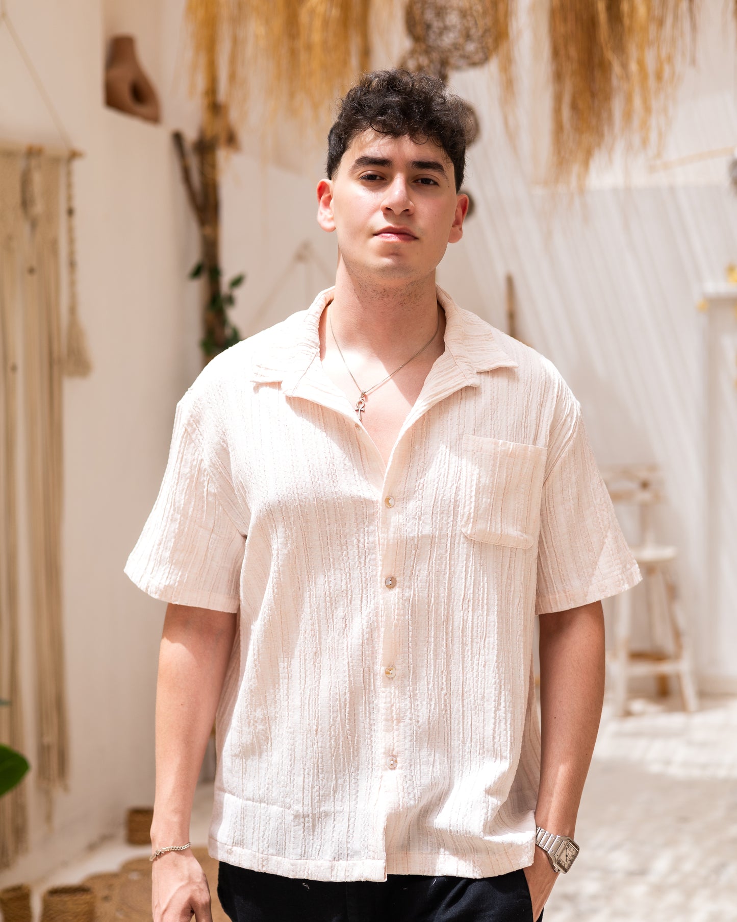 Linen Textured Short Sleeve Shirt - Orange
