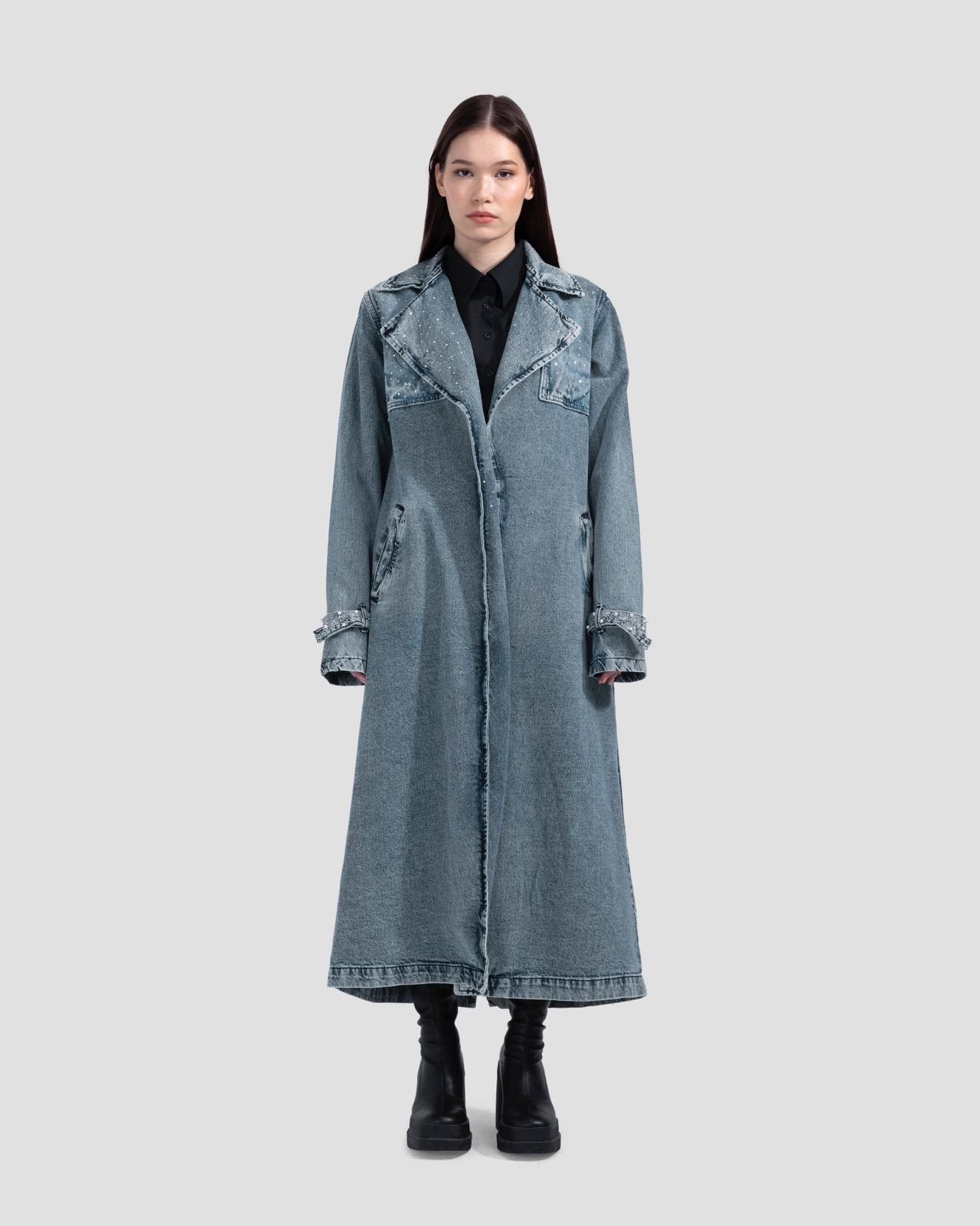 Denim Bling Trench Coat - Blue