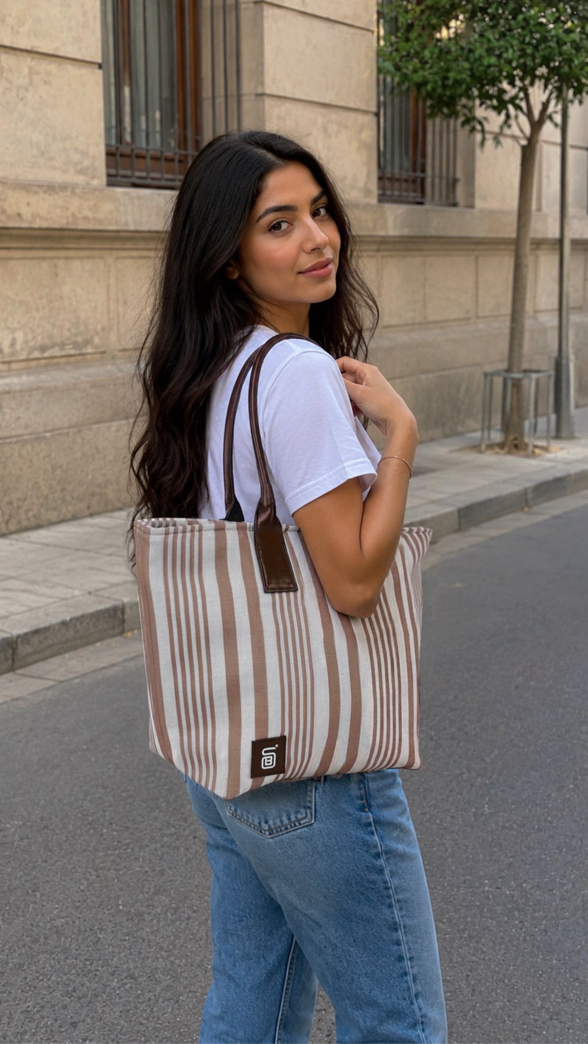 Striped Canvas Tote Bag - Cafe & White