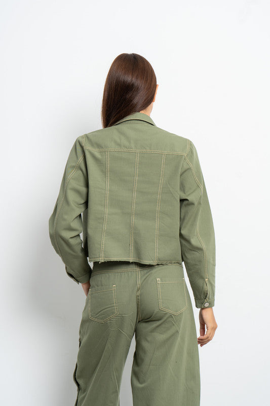 Cropped Gabardine Jacket - Olive