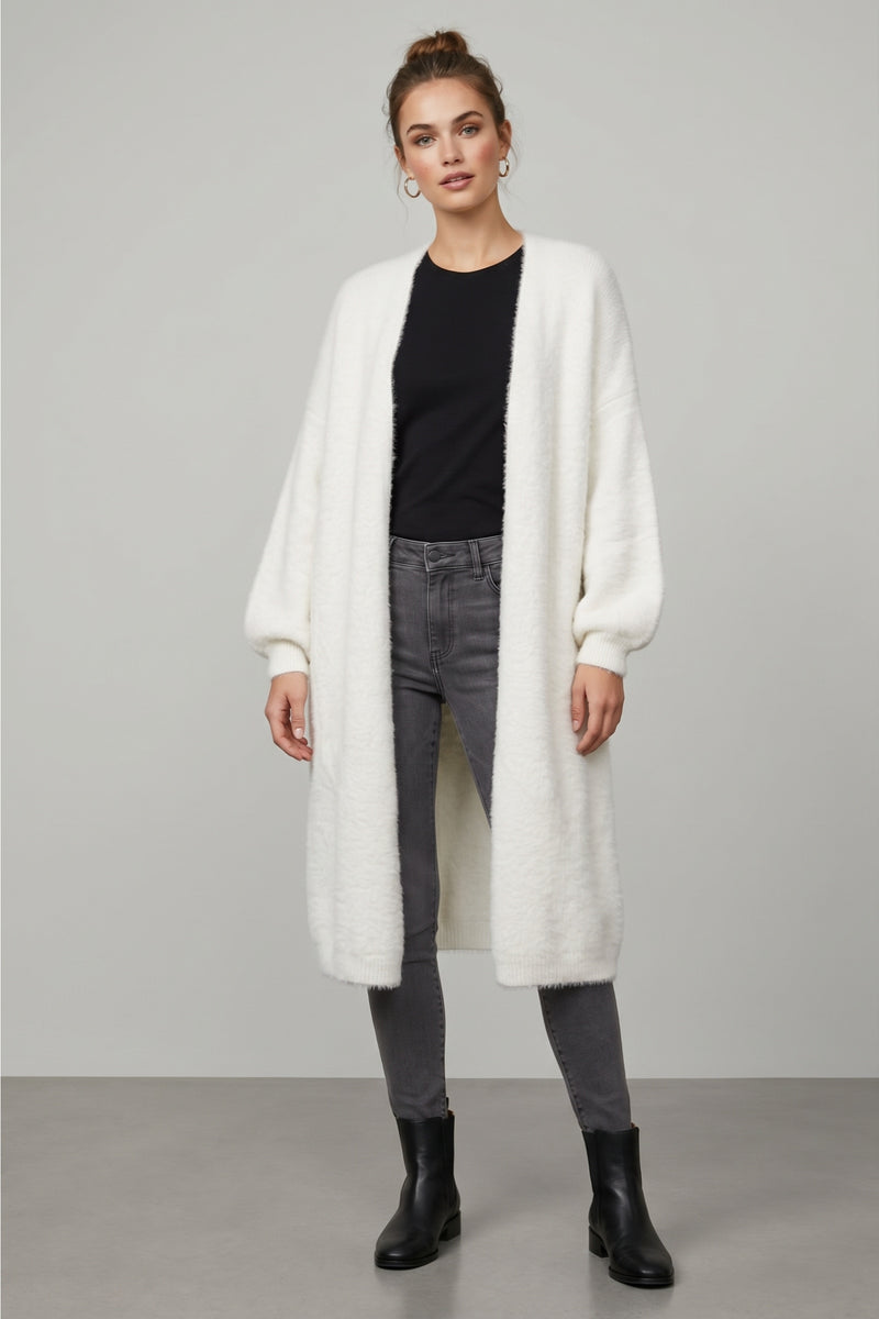 Fuzzy Balloon-Sleeve Midi Cardigan – Off White