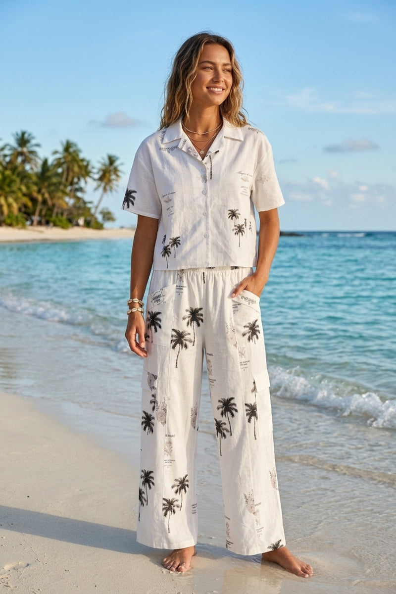 Palm Print Wide-Leg Beach Set – Off White