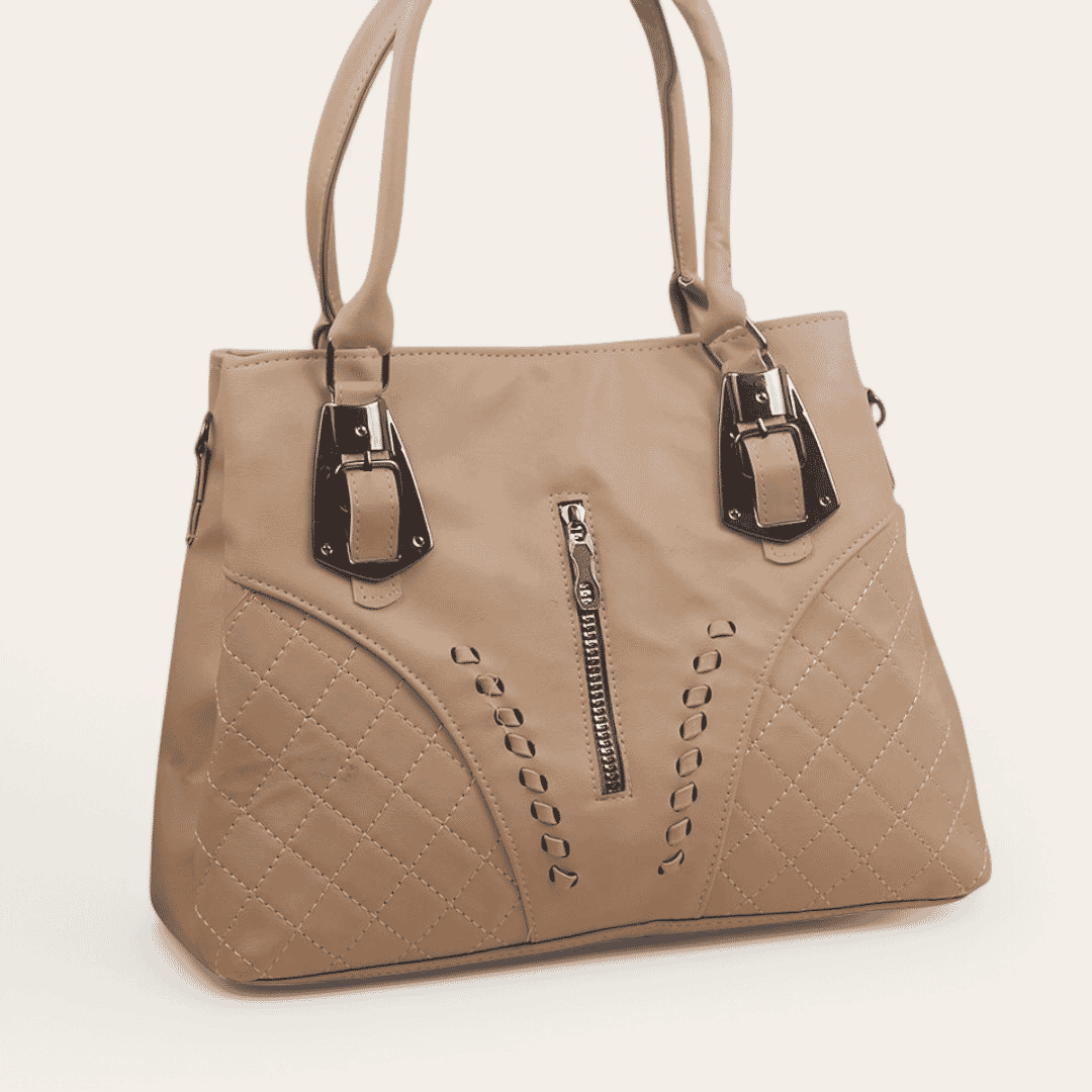 Faux Leather Hand Bag With Cross Hand – Beige
