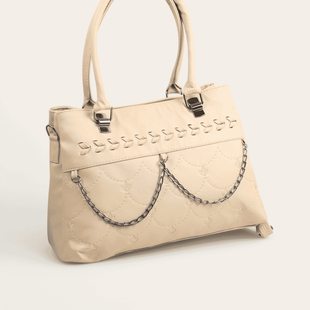 Leather Quilted Hand Bag with Cross Hand – Beige