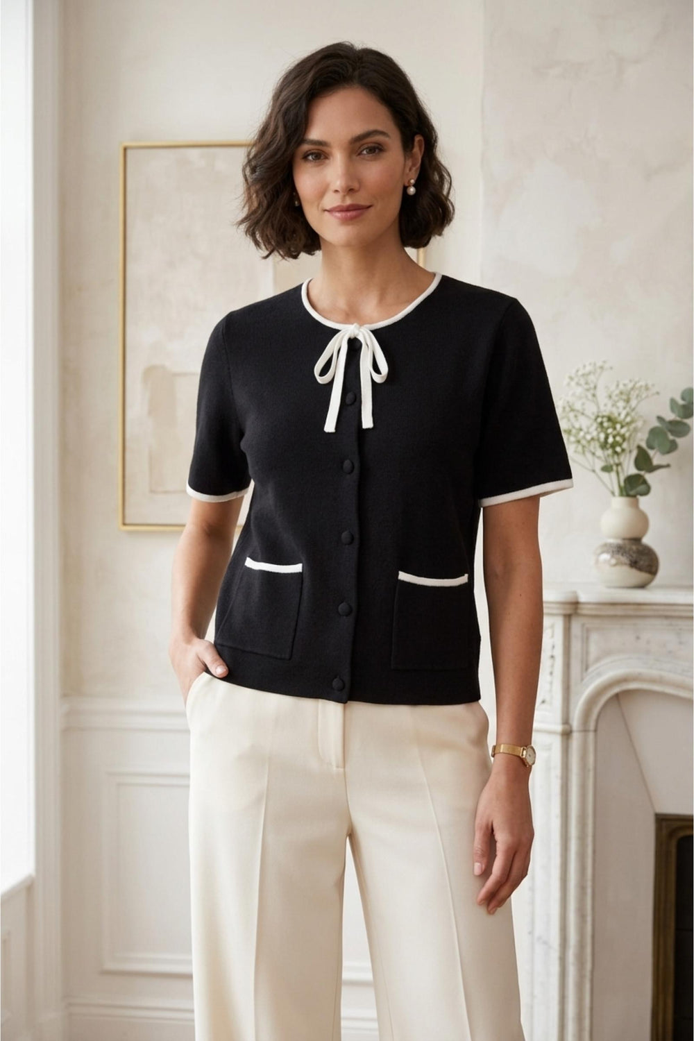 Contrast Trim Buttoned Top – Black