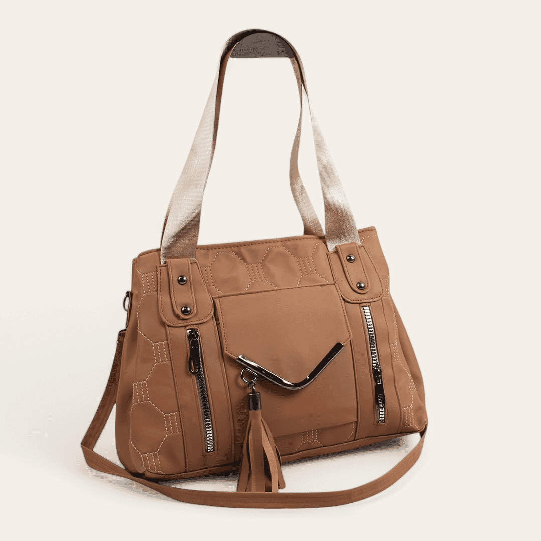 Faux Leather Plain Hand Bag with Cross Hand – Café