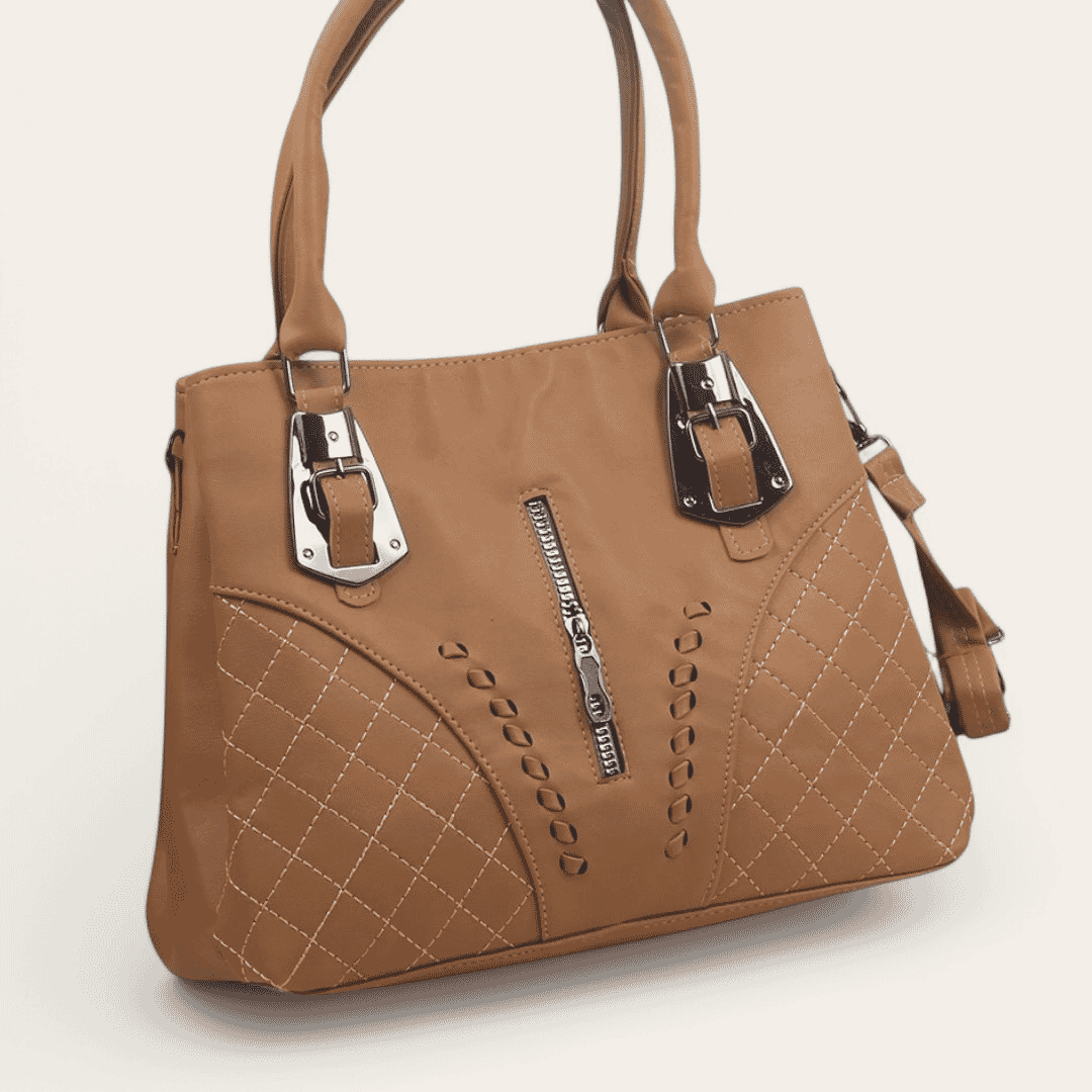 Faux Leather Hand Bag With Cross Hand – Café