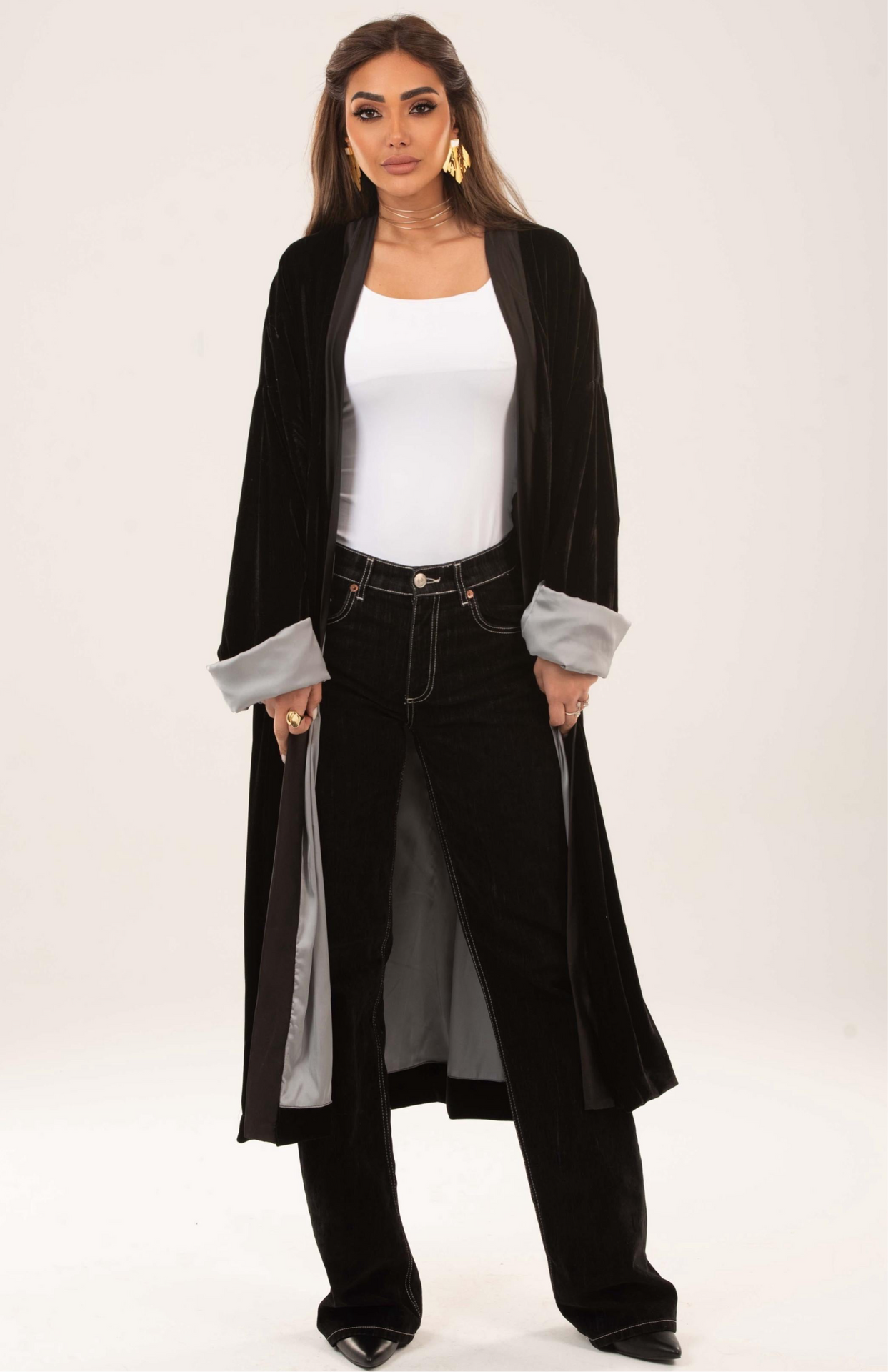 Velvet satin lining kimono - Silver