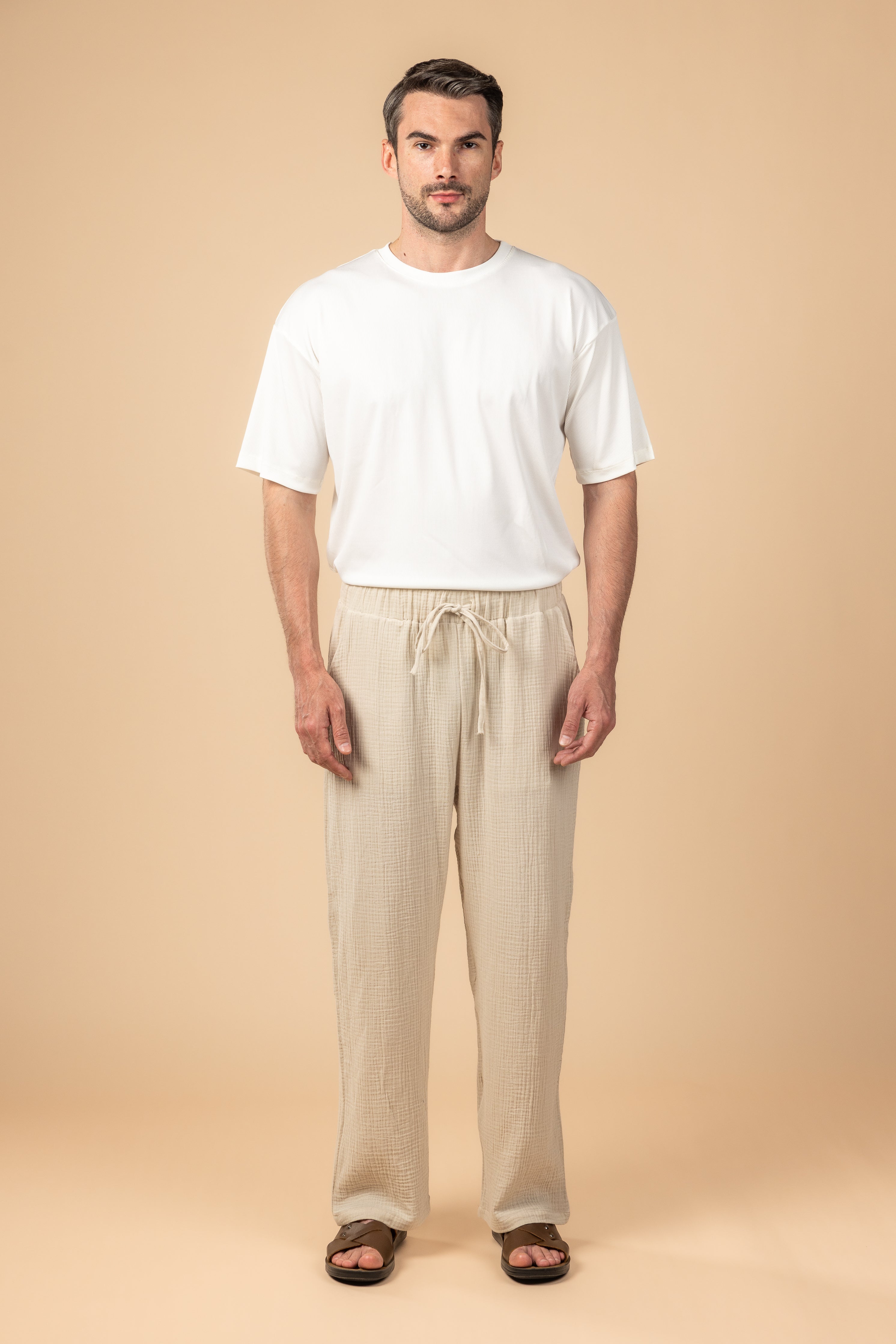 Wide Leg Baby Cotton Pants - Beige