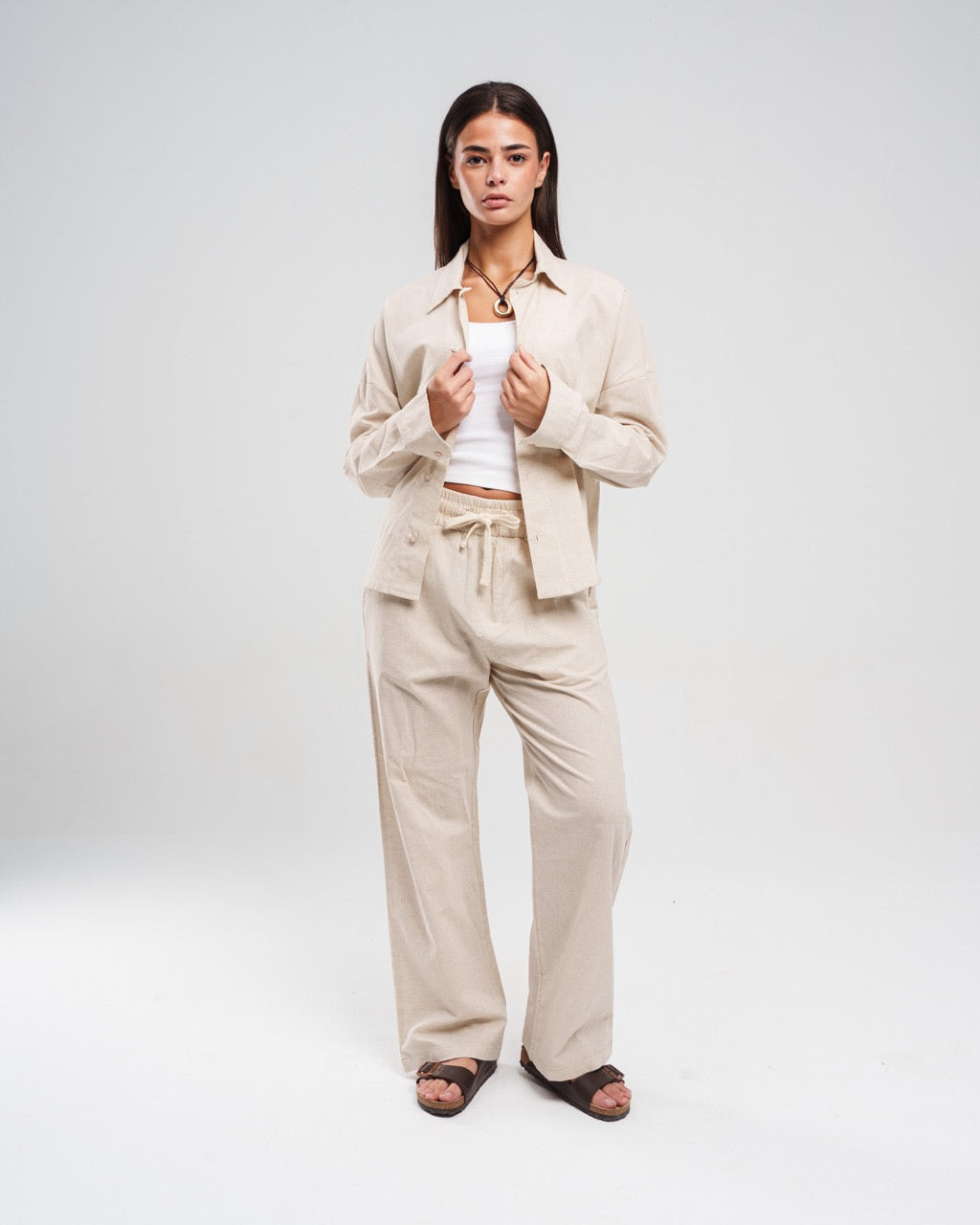 Linen Drawstring Trousers - Beige