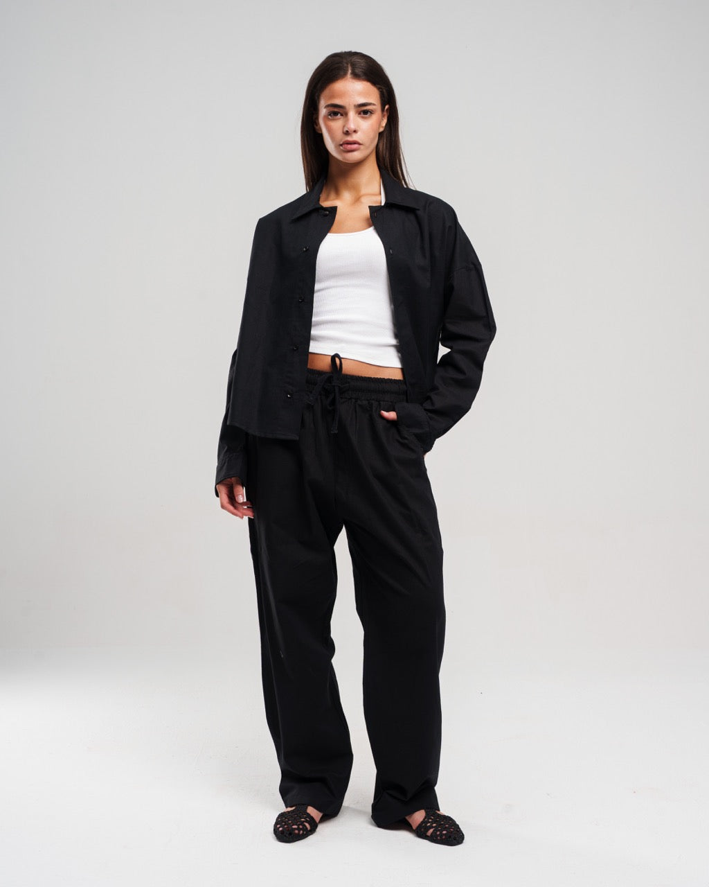 Linen Drawstring Trousers - Black
