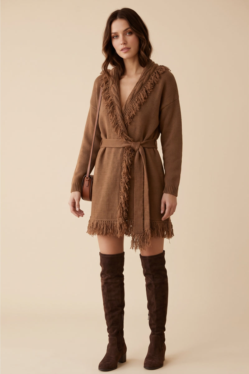 Fringed Belted Knit Cardigan – Camel