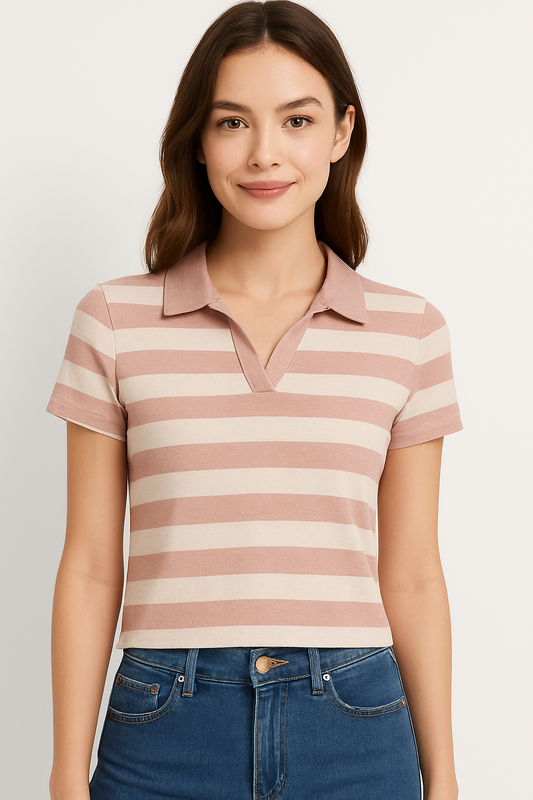 Cotton Blend Striped Collar Knit Polo - Beige & White
