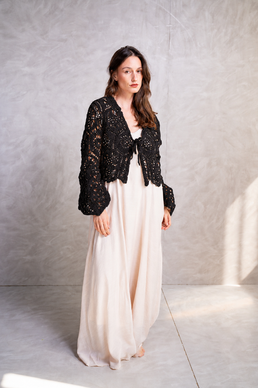 Crochet Tie-Front Knit Cardigan – Black