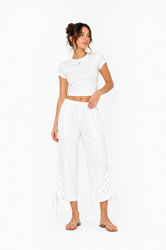 Ruched Hem Wide-Leg Pants – Off White
