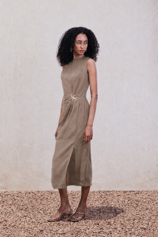 Sleeveless Draped Midi Dress – Coffee