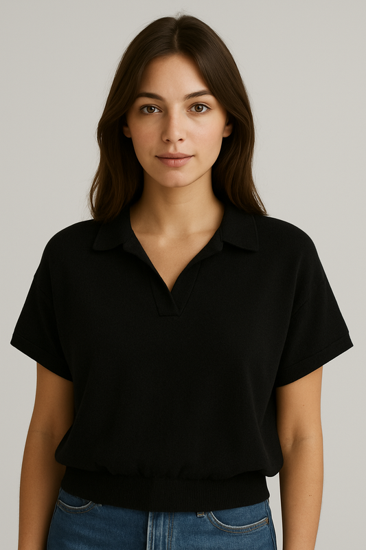 Cotton Blend Collar Knit Polo - Black