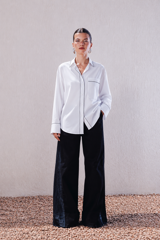 Piped Contrast Trim Relaxed Shirt – White
