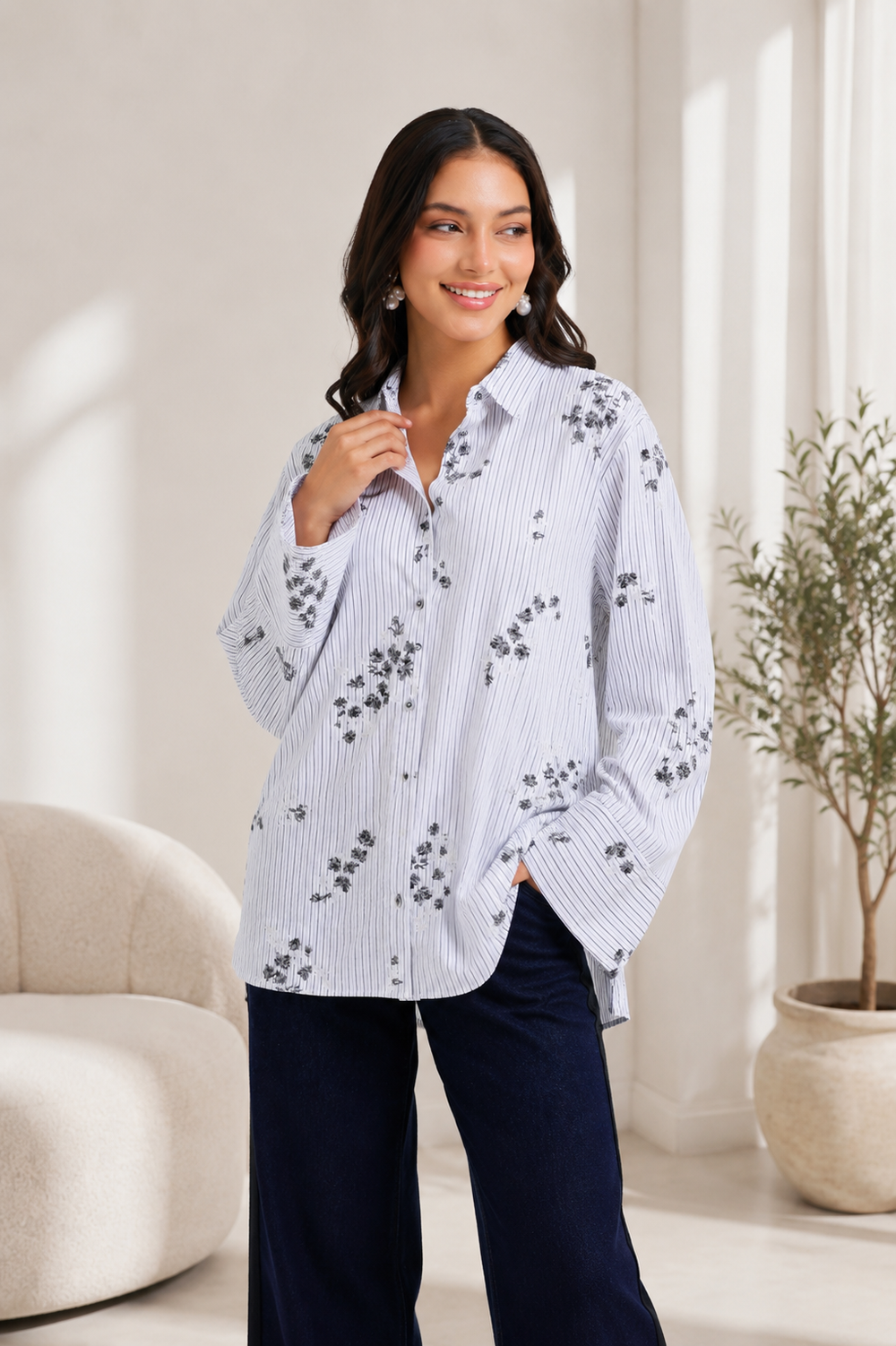 Striped Floral Relaxed Shirt – White & Black