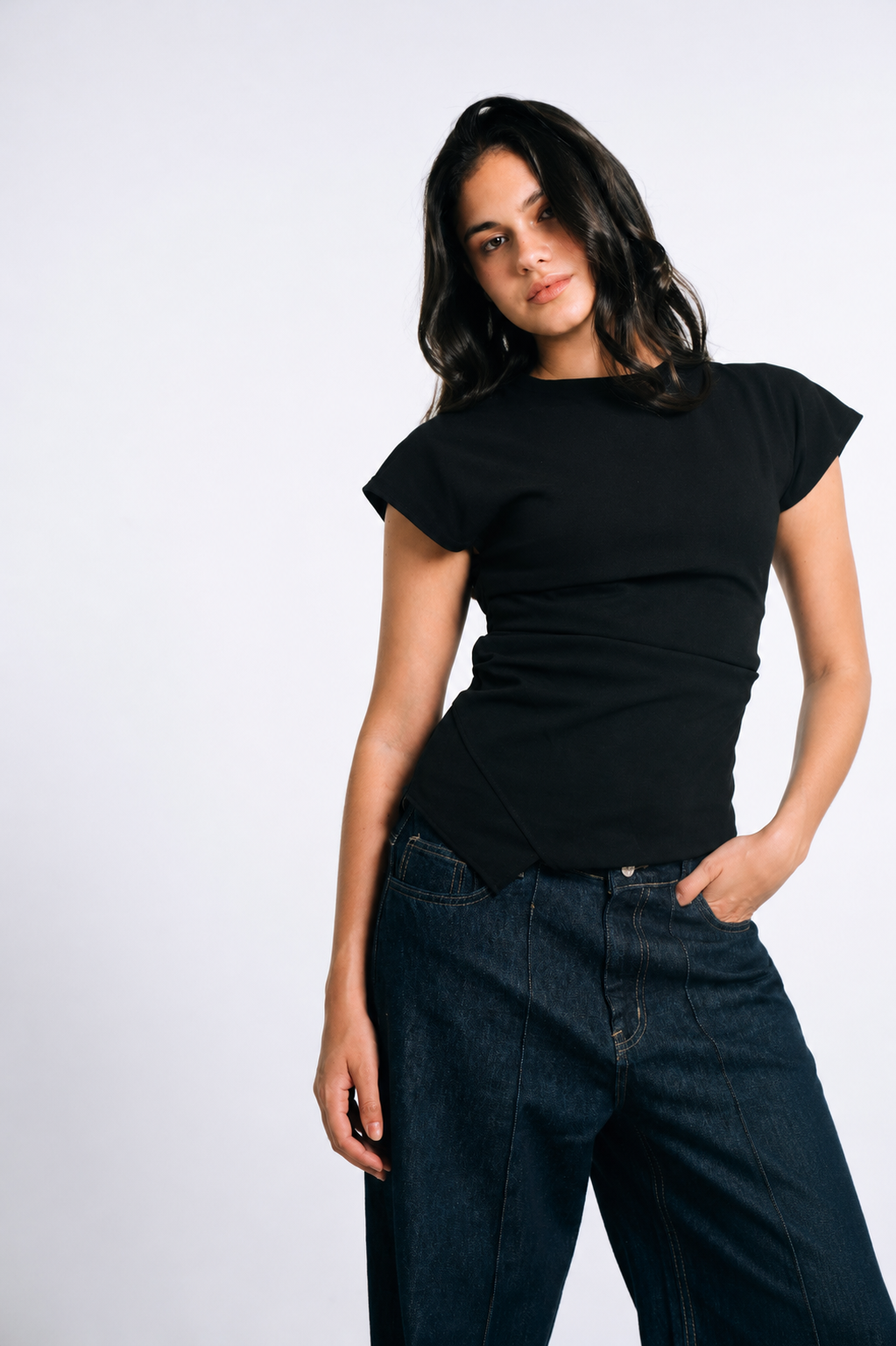 Draped Shoulder Top - Black