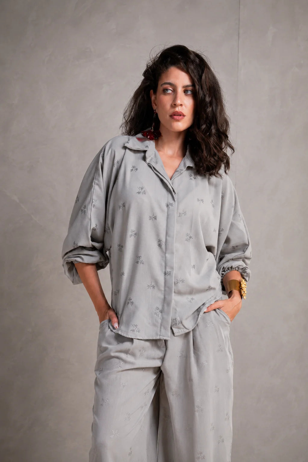 Embroidered Relaxed Shirt - Grey