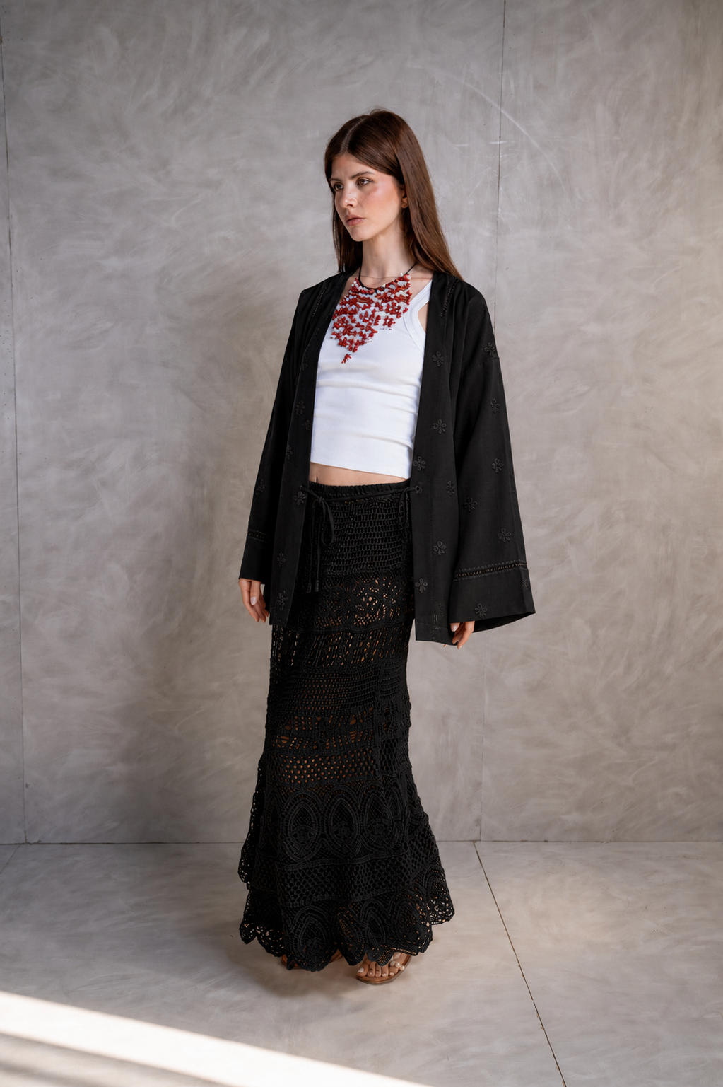 Belted Voile Kimono - Black