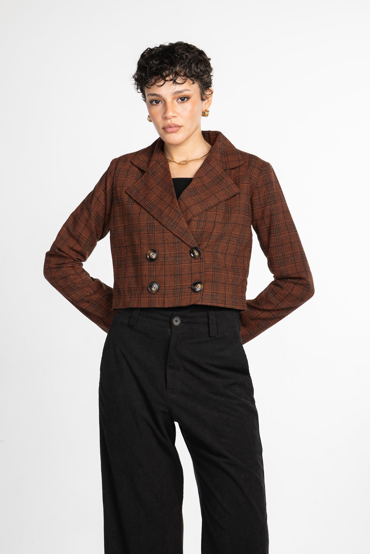 Wool Blend Checked Blazer – Brown