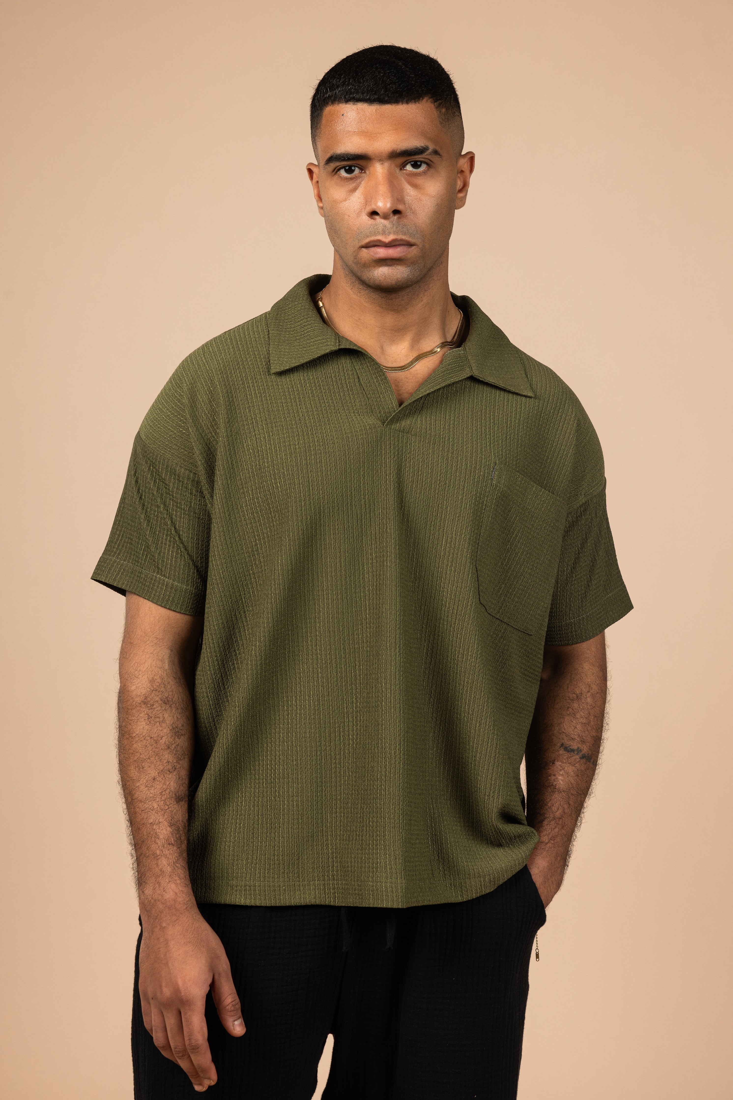 Cotton Moon Crushed Boxy Fit Polo Shirt - Olive Green
