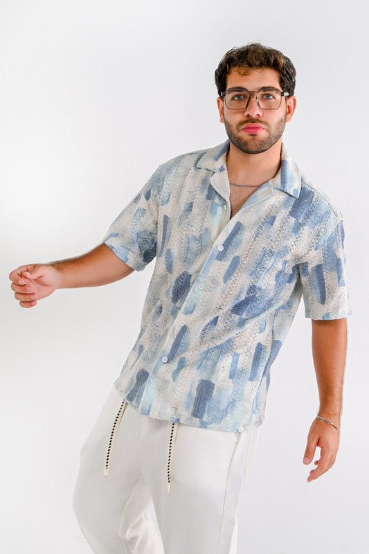 Textured Relaxed Shirt – Light Blue & Navy