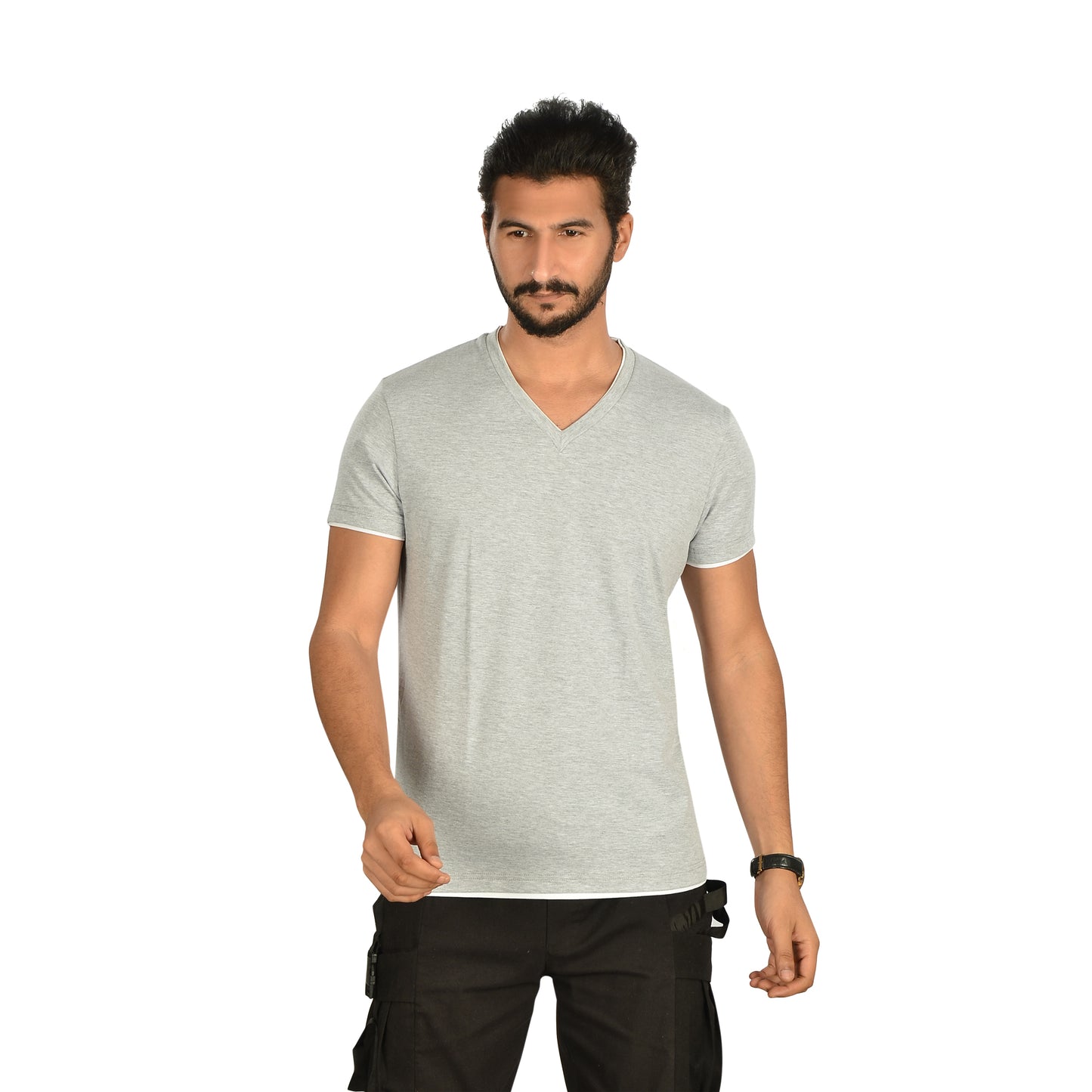Cotton Solid V-Neck T-Shirt Set of 3 Plus One Free Boxer – Grey